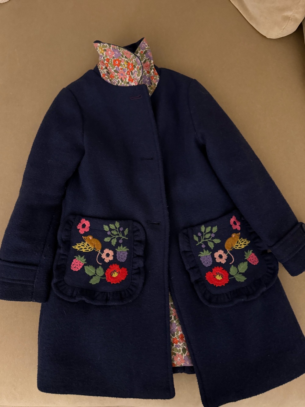 Mini Boden Navy Peacoat with Velvet Collar and Embroidered Floral Pockets